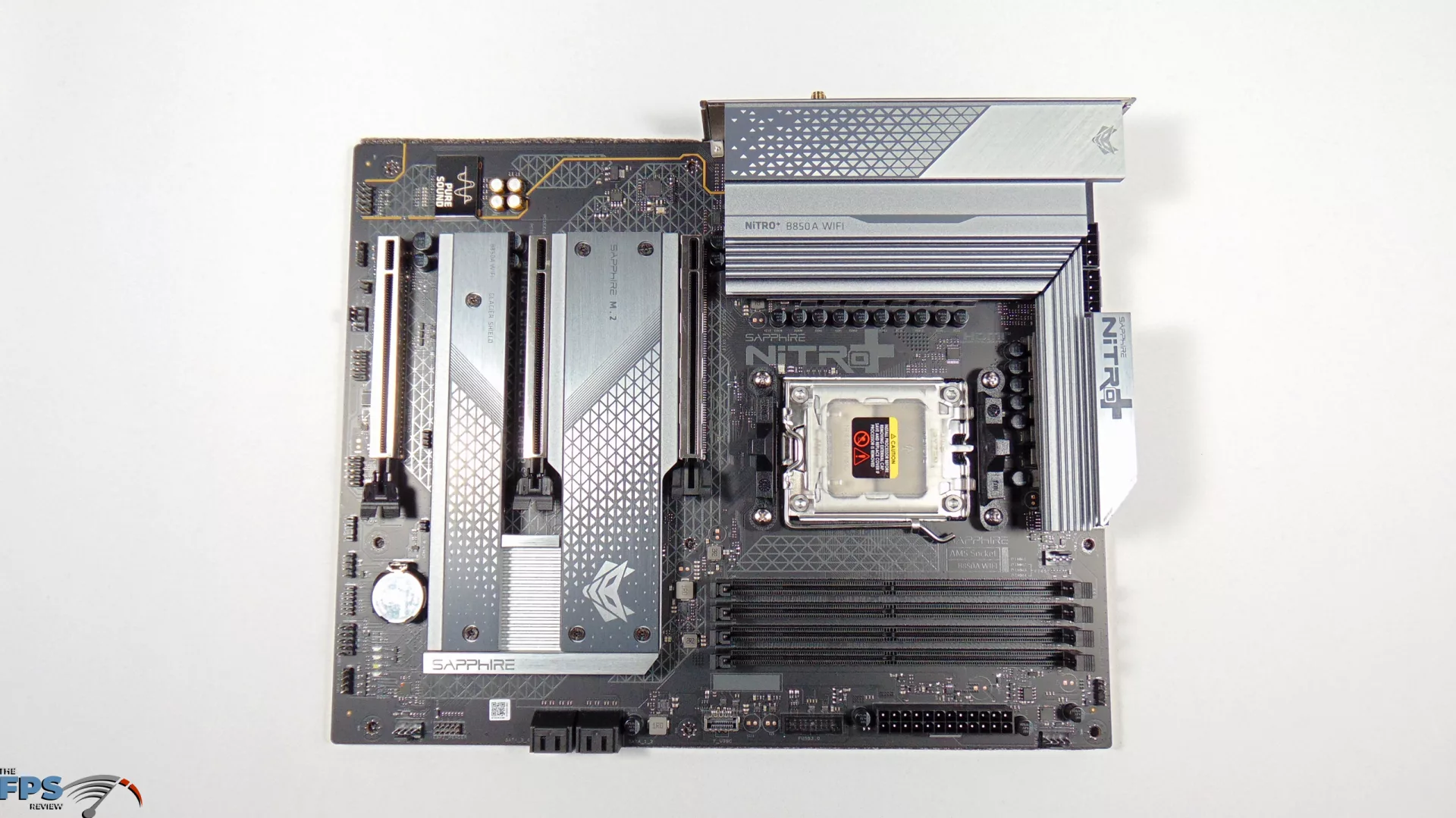SAPPHIRE NITRO+ B850A WIFI 7 Motherboard Top View QTR Right Turn