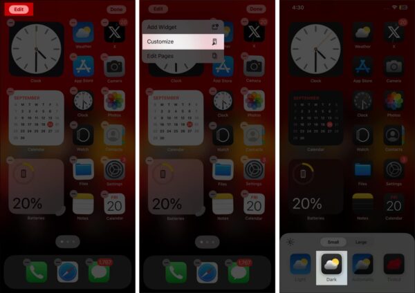 Hold home screen to edit and select customize and dark option