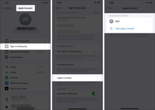 Select sign in and security in apple account and open legacy contact