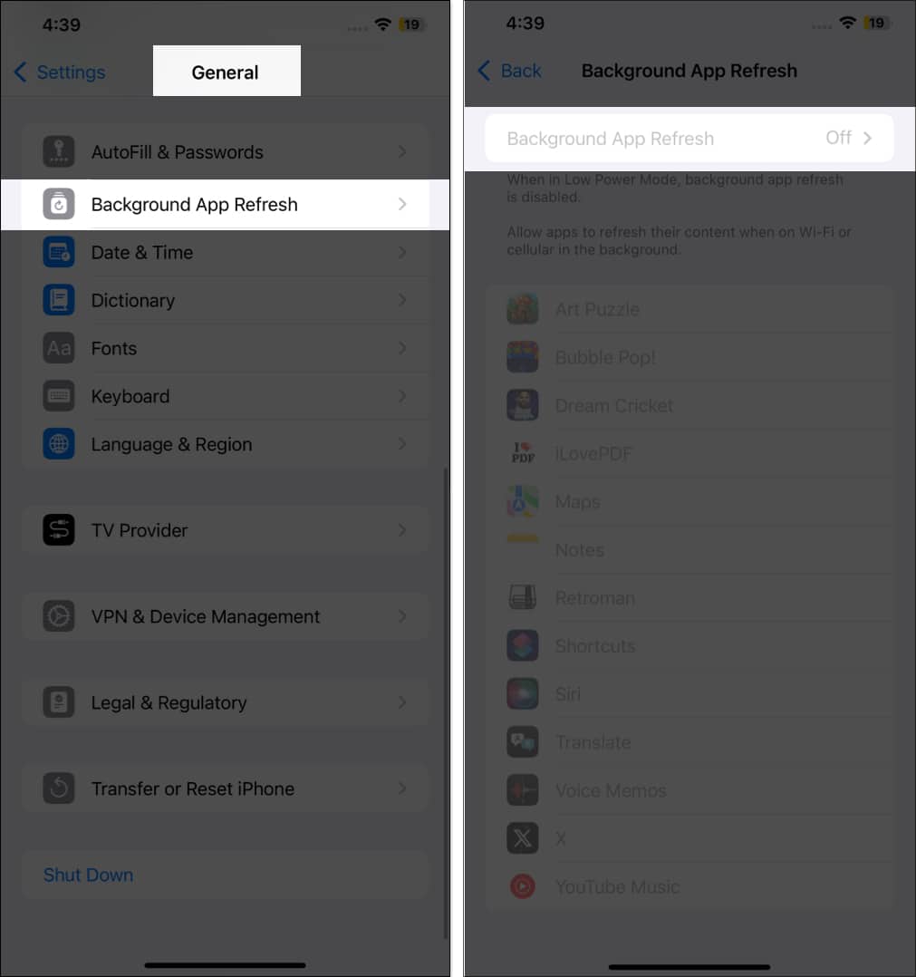 Turn off background app refresh in general iphone settings