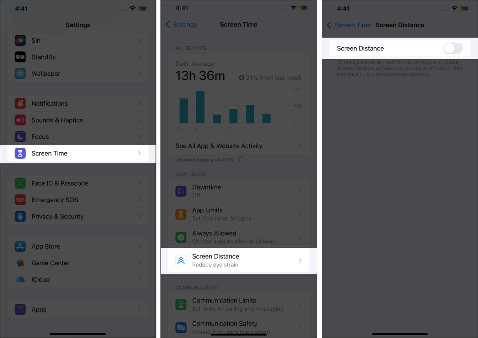 Toggle off screen distance in screen time settings