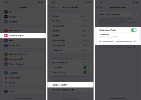 Turn on reduce loud audio in headphone safety settings
