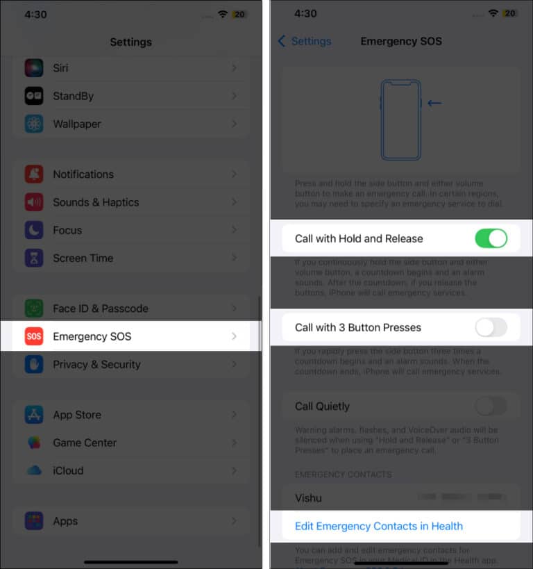 Turn on call with hold and release in emergency sos settings