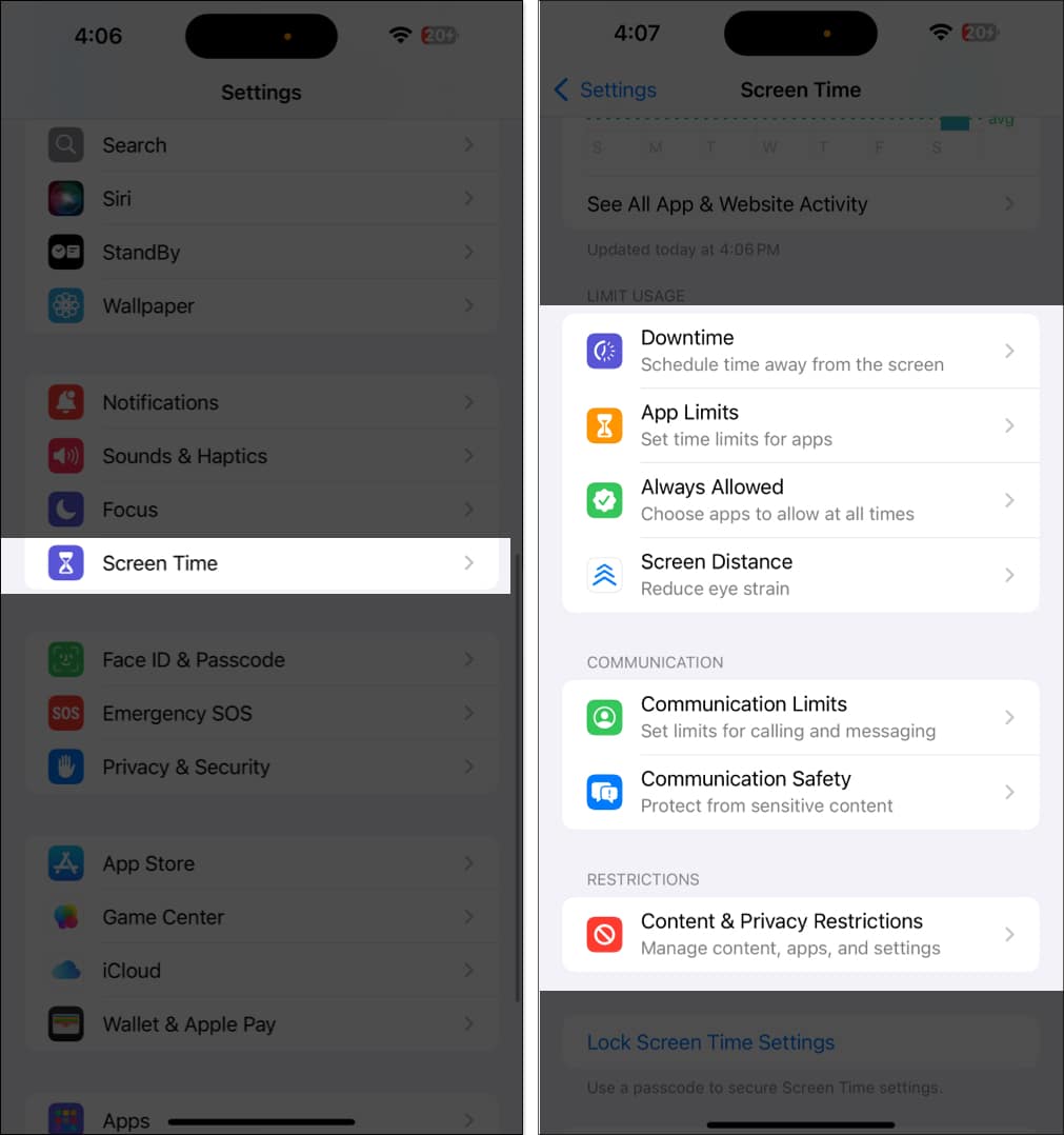 Screen time settings on iphone