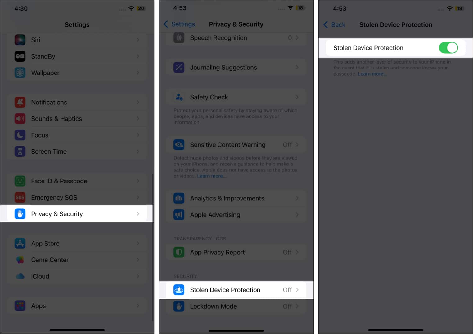 Turn on stolen device protection in privacy and security settings