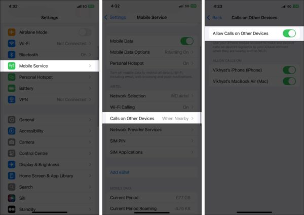 Turn on allow calls on other devices in mobile service settings