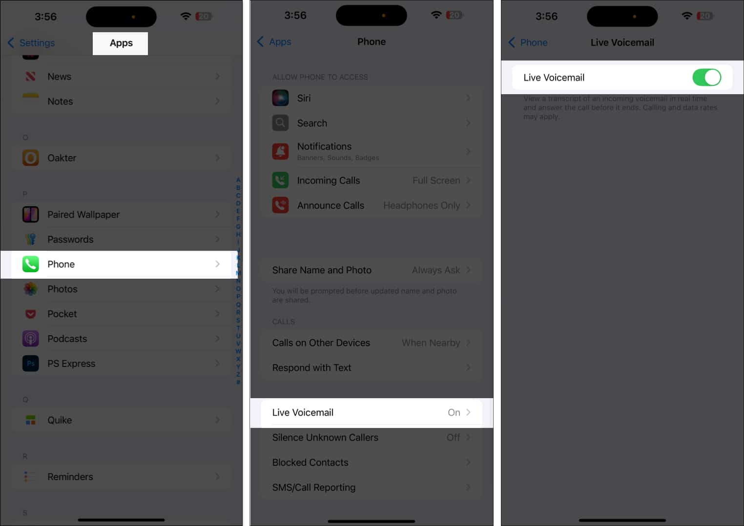 Toggle on live voicemail in phone app settings on iphone