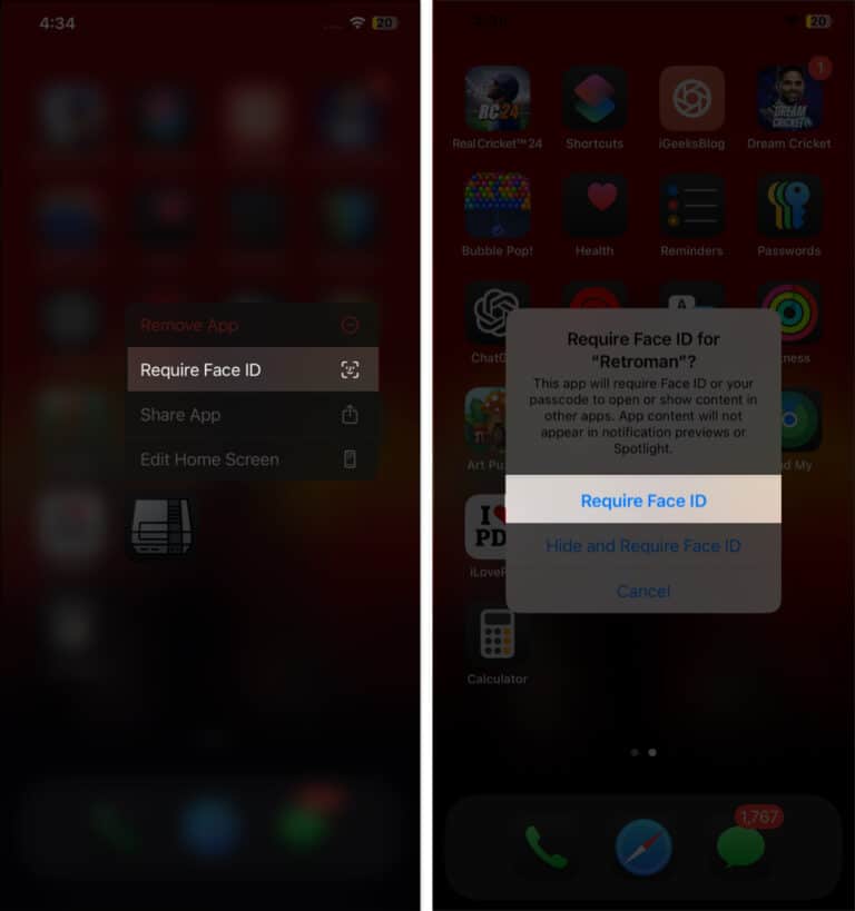 Tap on app and select require face id