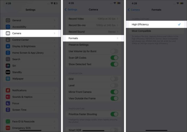 Select high efficiency in camera formats iphone settings