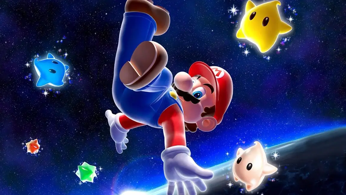 スーパーマリオギャラクシーの公式画像星に囲まれたスペースをマリオを転がすことを示す
