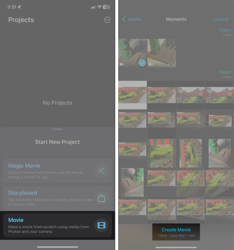 Select create movie in imovie app on iphone