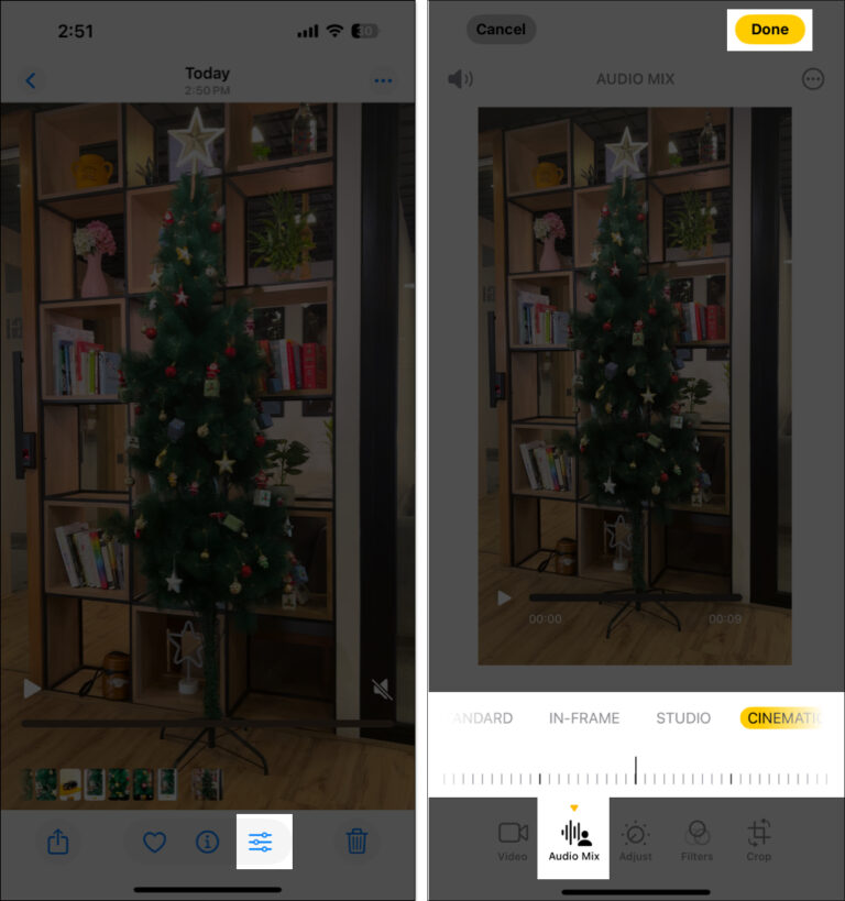 Selecting audio mix option from the editing window in photos app on iphone
